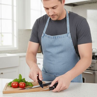 aiguiseur couteau chef cuisine prepare legumes sur planche