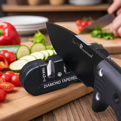 aiguiseur couteau precision sur planche decoupe bois