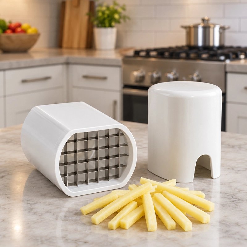 Coupe frite manuel blanc avec frites coupées sur un plan de travail de cuisine