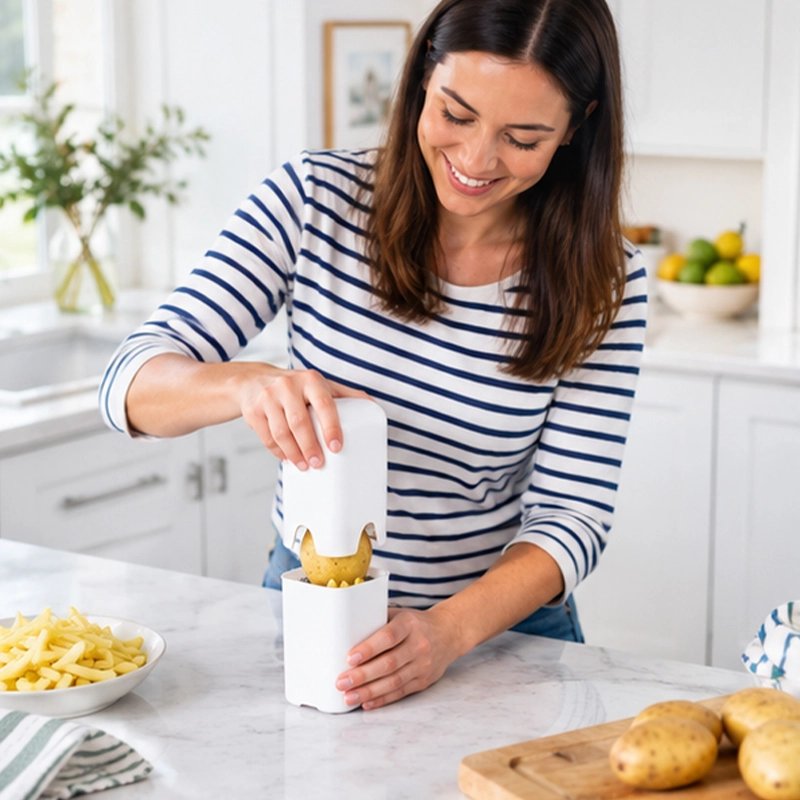 Femme préparant des frites maison en pressant un coupe frite manuel blanc posé sur un plan de travail