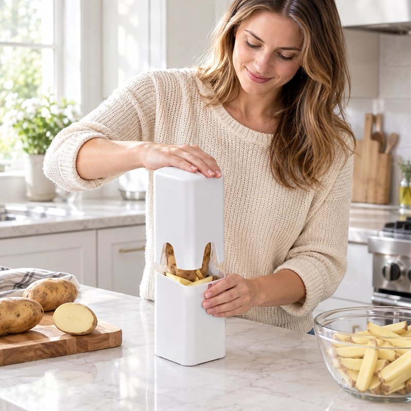 Femme utilisant un coupe frite manuel vertical dans sa cuisine