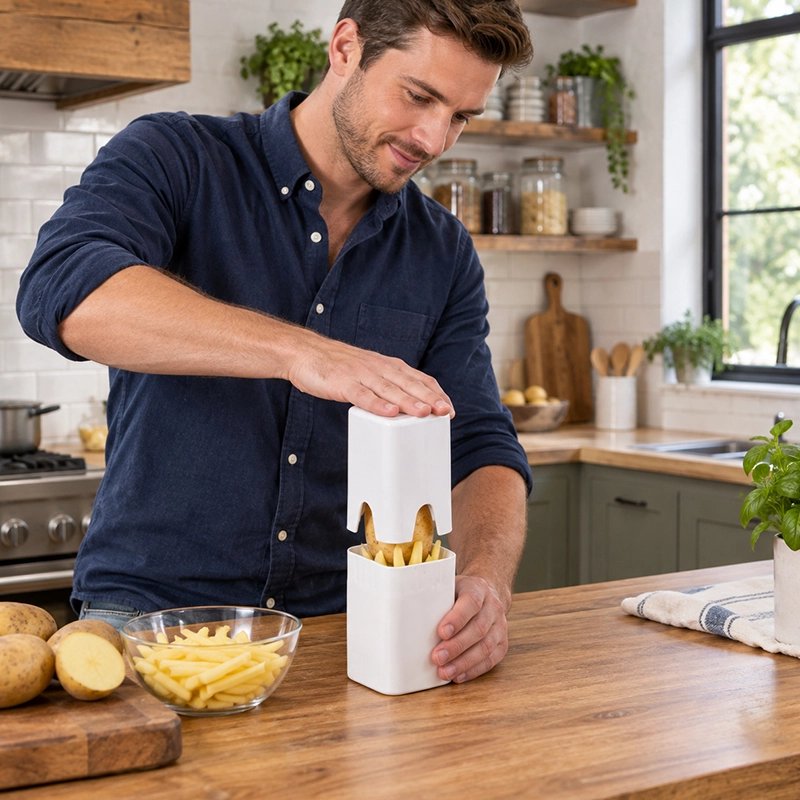 Homme coupant des pommes de terre avec un coupe frite manuel