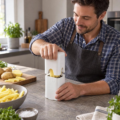 Homme en tablier coupant des pommes de terre avec coupe frite manuel